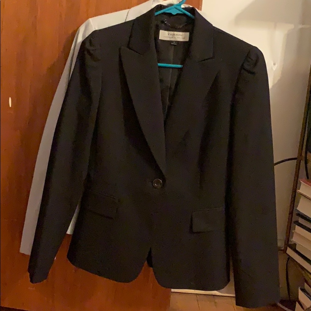 One button suit/skirt combo, grey pin strip detail
